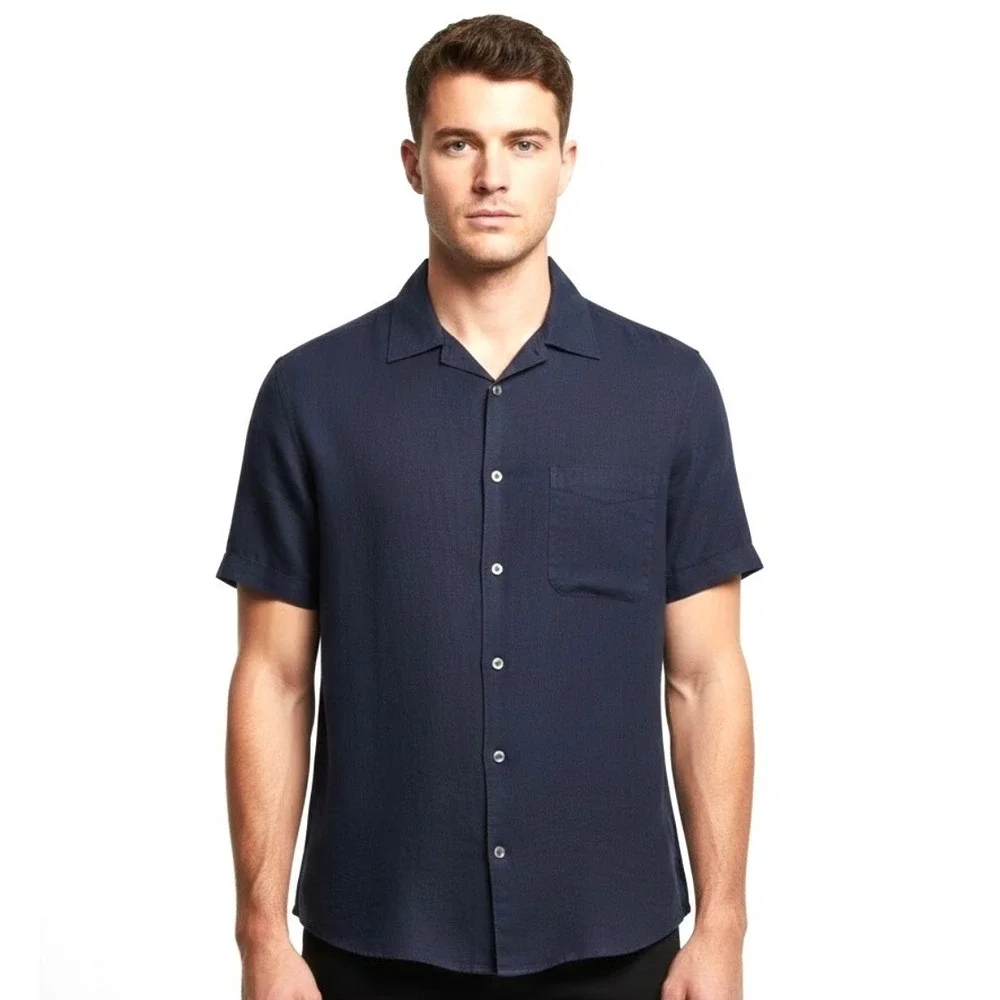 Banana Republic Shirt Mens XL‎ Navy Blue 100% Linen Short Sleeve Button Down